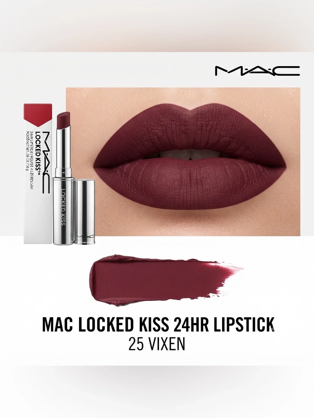MAC Locked Kiss 24HR Lipstick 25 Vixen BNIB Longwear Transfer-Proof Lip Color